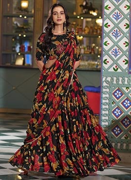 Graceful Black Georgette Floral Printed Umbrella Lehenga