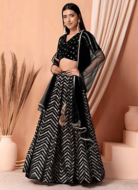 Graceful Black Georgette Zari Embroidered Sequins A Line Lehenga