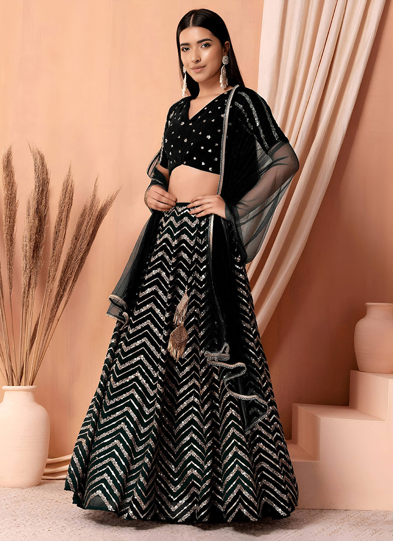 Graceful Black Georgette Zari Embroidered Sequins A Line Lehenga Wedding Wear