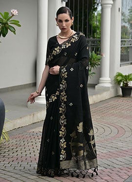 Graceful Black Jute Linen Silk Zari Woven Saree