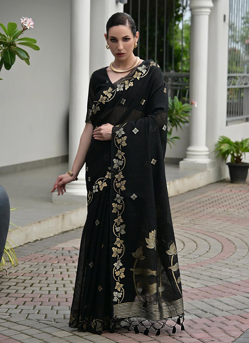 Graceful Black Jute Linen Silk Zari Woven Saree Festive Wear