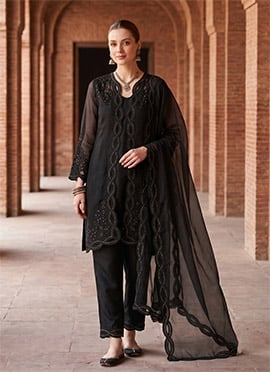 Graceful Black Mal Chanderi Applique Work Tikki Work Straight Pant Suit