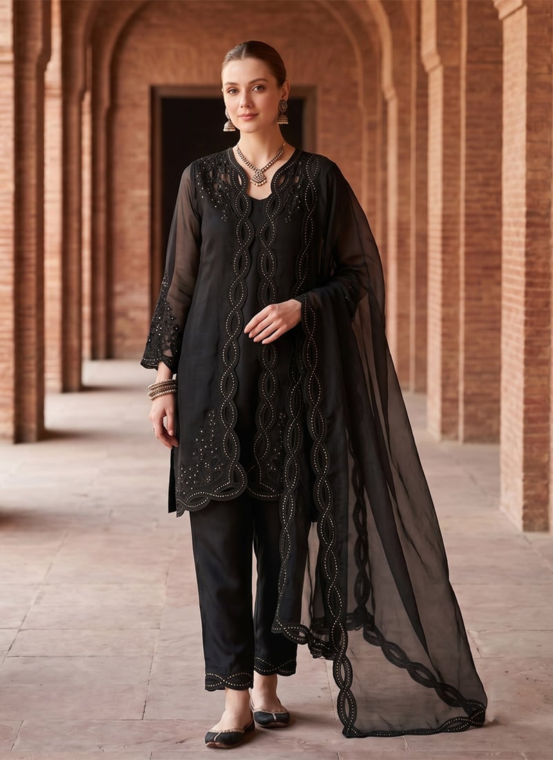 Graceful Black Mal Chanderi Applique Work Tikki Work Straight Pant Suit After Six Wear