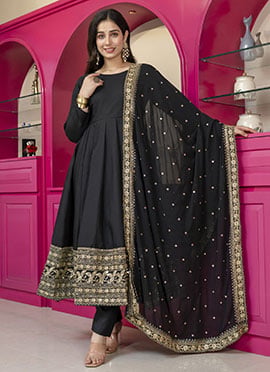 Graceful Black Rayon Embroidered Sequins Anarkali Suit