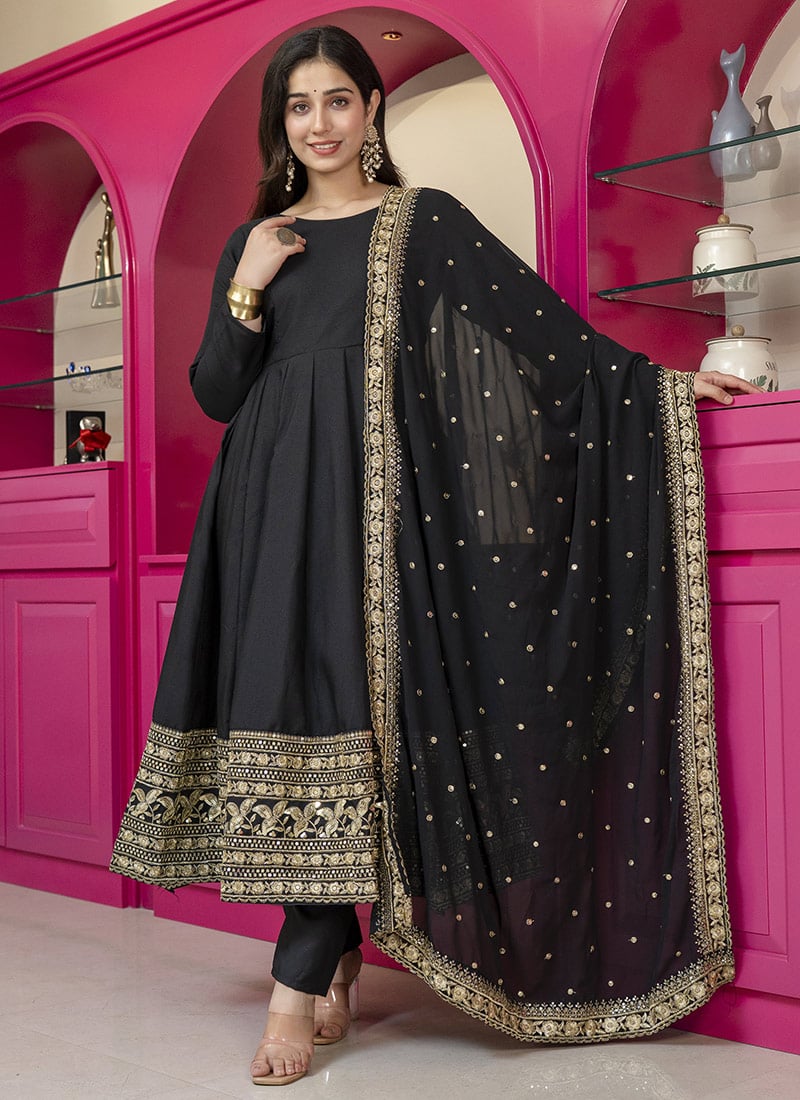 Graceful Black Rayon Embroidered Sequins Anarkali Suit After Six Wear