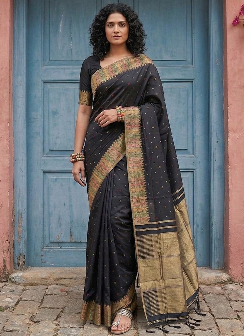 Graceful Black Silk Blend Zari Jacquard Saree Festive Wear