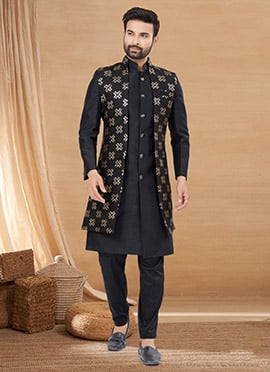 Graceful Black Silk Embroidered Sequins Indowestern Sherwani