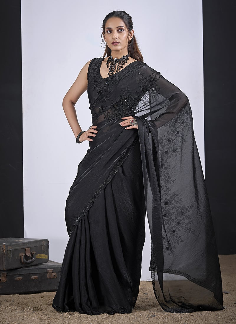 Graceful Black Silk Tikki Work Saree After Six Wear