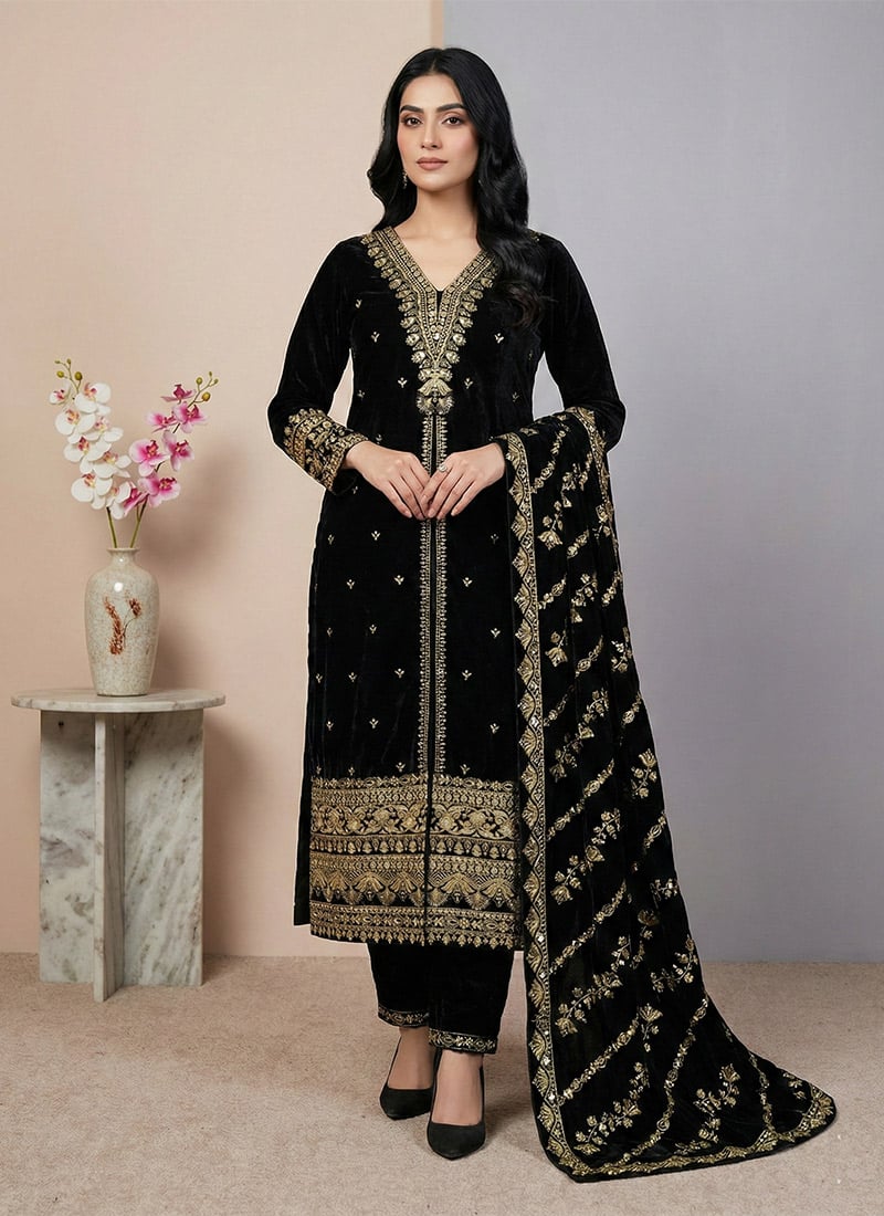 Graceful Black Viscose Velvet Embroidered Sequins Straight Pant Suit Festive Wear