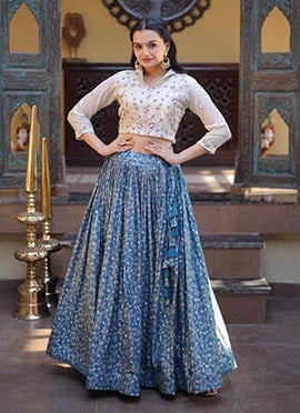 Graceful Blue Art Silk Embroidered Beads Skirt Set