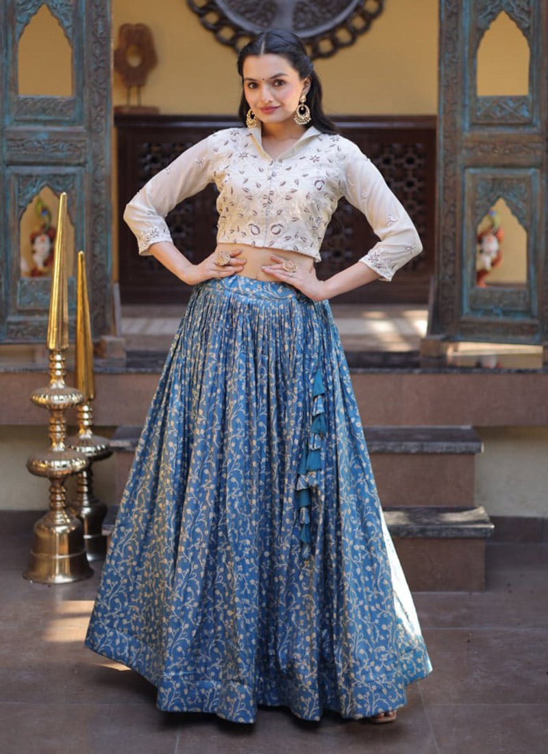 Graceful Blue Art Silk Embroidered Beads Skirt Set Festive Wear