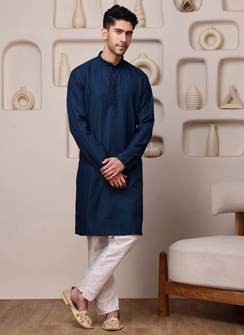Graceful Blue Blended Cotton Sequins Embroidered Kurta Pyjama Festive Wear