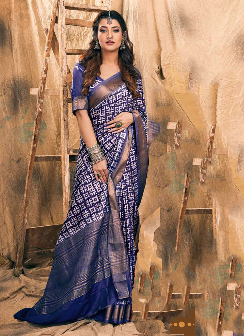 Graceful Blue Chanderi Silk Batik Print Saree After Six Wear