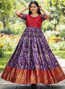 Graceful Blue Dola Silk Foil Kalamkari Print Dresses and Gown