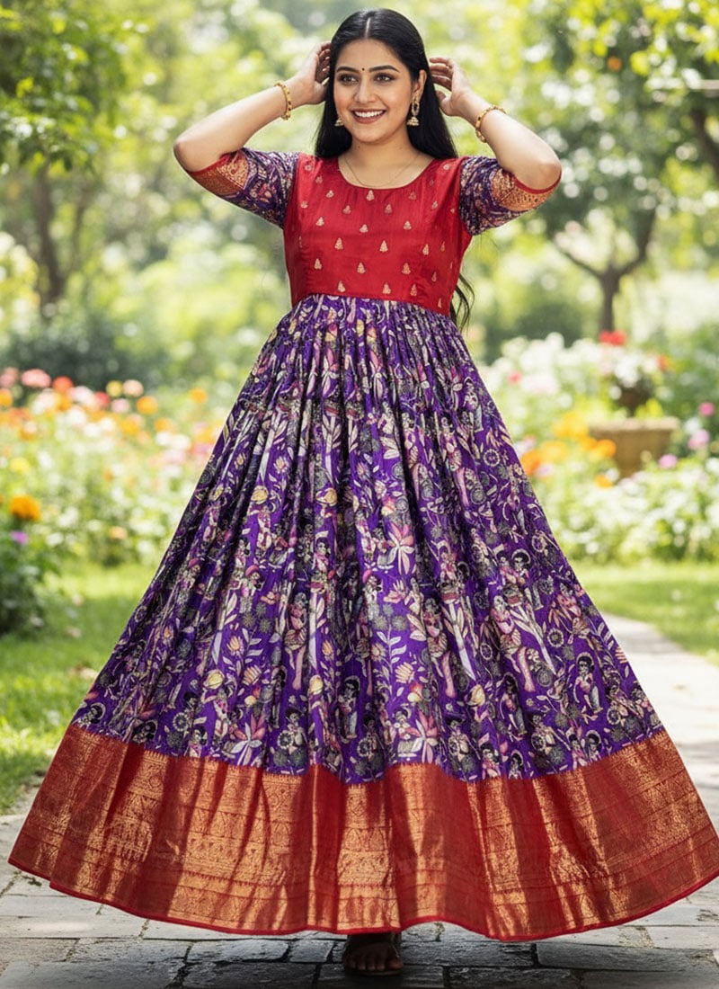 Graceful Blue Dola Silk Foil Kalamkari Print Dresses and Gown After Six Wear