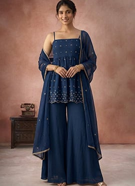 Graceful Blue Faux Georgette Beads Hand Embroidered Palazzo Suit