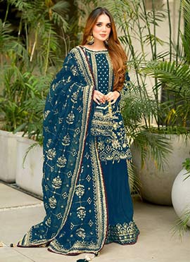 Graceful Blue Faux Georgette Embroidered Sequins Moti Palazzo Suit