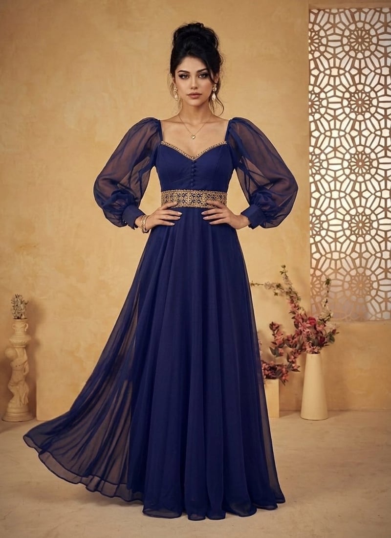 Graceful Blue Faux Georgette Zari Sequins Gown Wedding Wear