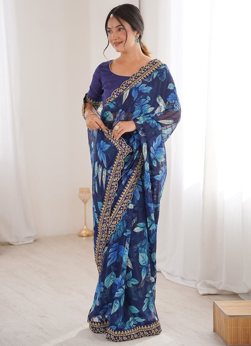 Graceful Blue Georgette Embroidered Sequins Floral Print Saree After Six Wear