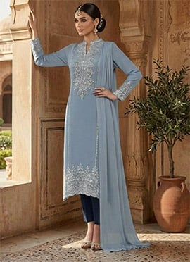 Graceful Blue Georgette Zari Foil Mirror Work Straight Pant Suit