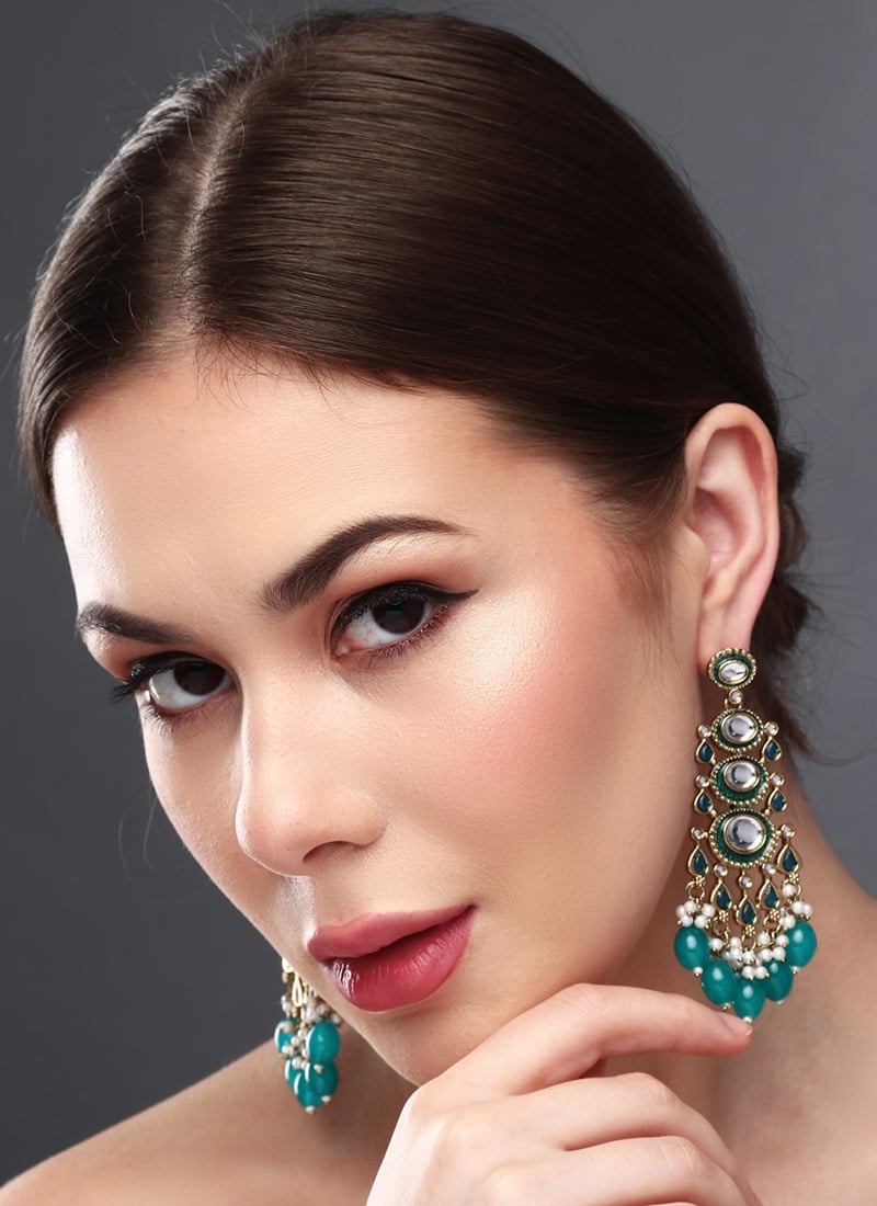 Graceful Blue Kundan Pearl Meenakari Dangler After Six Wear