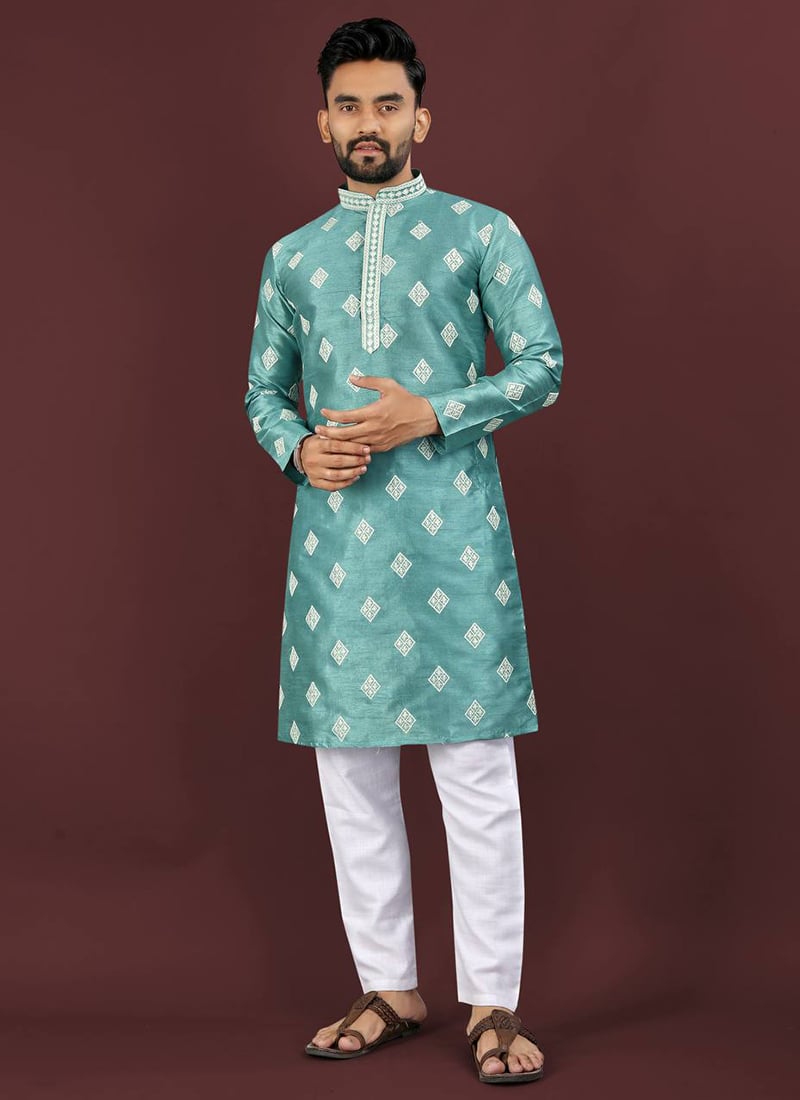 Graceful Blue Mono Silk Embroidered Sequins Kurta Pyjama Festive Wear