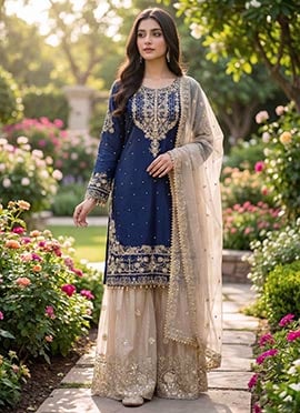 Graceful Blue Organza Silk Zari Thread Embroidered Sharara Suit