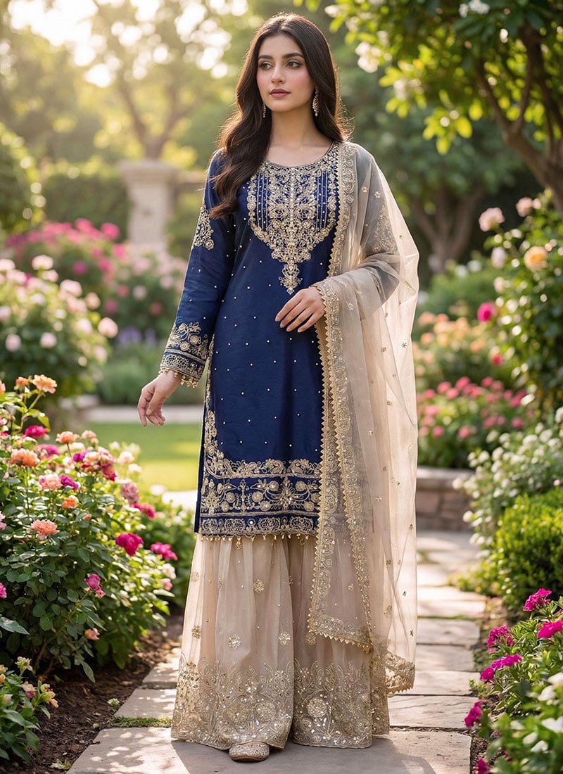 Graceful Blue Organza Silk Zari Thread Embroidered Sharara Suit Festive Wear