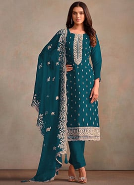 Graceful Blue Organza Zari Embroidered Sequins Straight Pant Suit