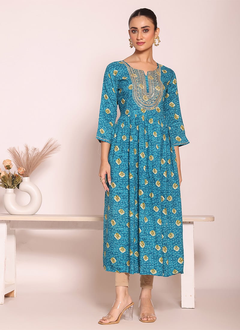 Graceful Blue Poly Silk Embroidered Bandhini Print Long Kurti After Six Wear