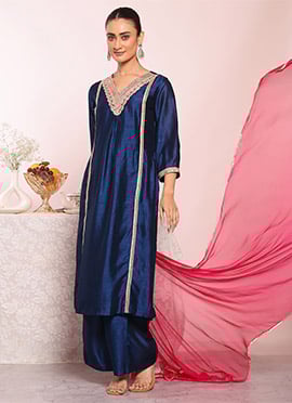Graceful Blue Poly Silk Embroidered Straight Pant Suit