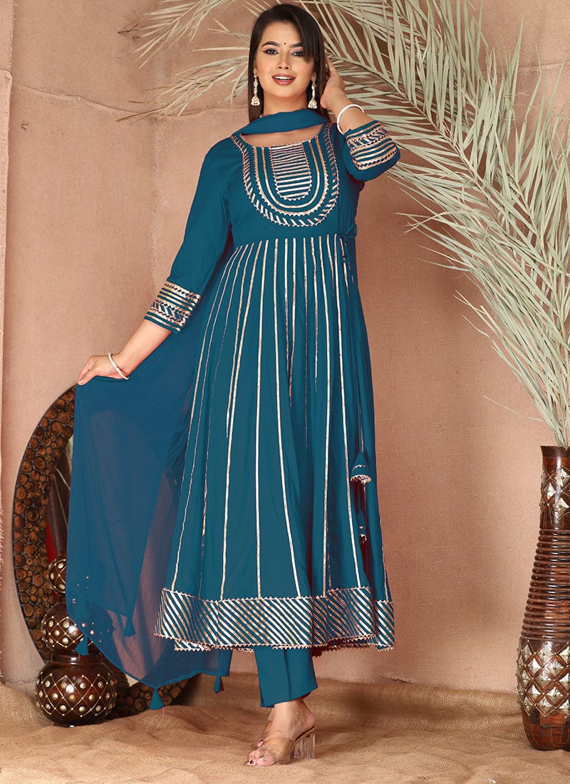 Graceful Teal Blue Rayon Gota Embossed Anarkali Suit With Dupatta Festive Wear