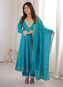 Graceful Blue Roman Silk Embroidered Work Anarkali Suit