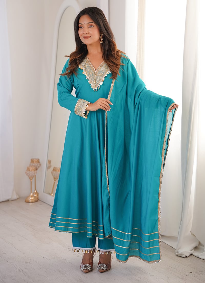 Graceful Blue Roman Silk Embroidered Work Anarkali Suit After Six Wear