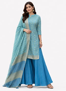 Graceful Blue Silk Embroidered Gota Umbrella Lehenga