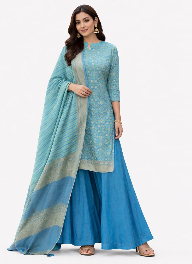 Graceful Blue Silk Embroidered Gota Umbrella Lehenga Festive Wear