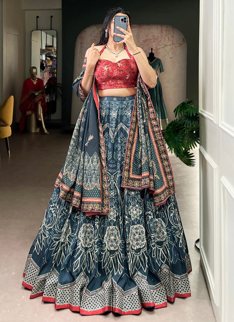 Graceful Blue Silk Printed Beads Work and Gotta Patti Touch Up Umbrella Lehenga Wedding Wear