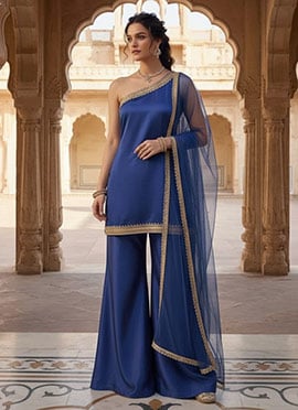 Graceful Blue Silk Ready Lace Work Palazzo Suit