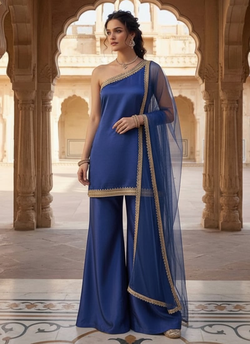 Graceful Blue Silk Ready Lace Work Palazzo Suit Festive Wear
