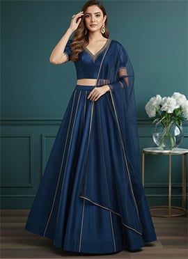 Graceful Blue Silk Zari Beads Sequins Hand Embroidered A Line Lehenga