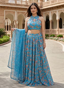 Graceful Blue Soft Organza Floral Print A Line Lehenga