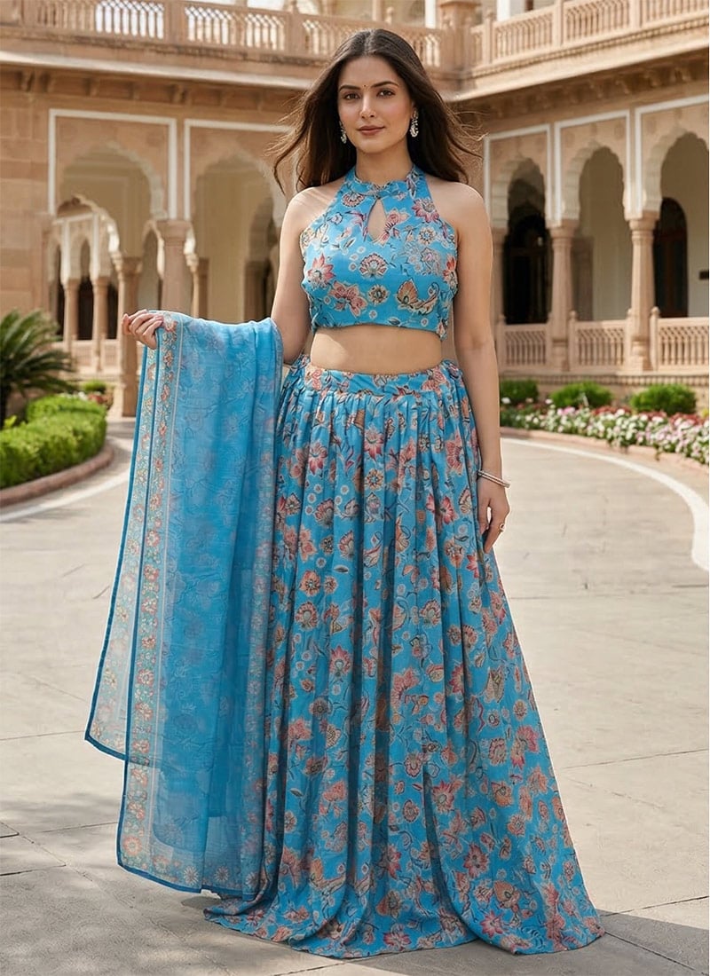 Graceful Blue Soft Organza Floral Print A Line Lehenga Festive Wear