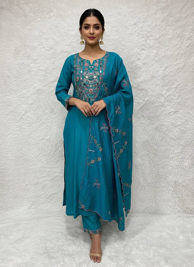 Graceful Blue Viscose Silk Embroidered Mirror Work Straight Pant Suit Festive Wear