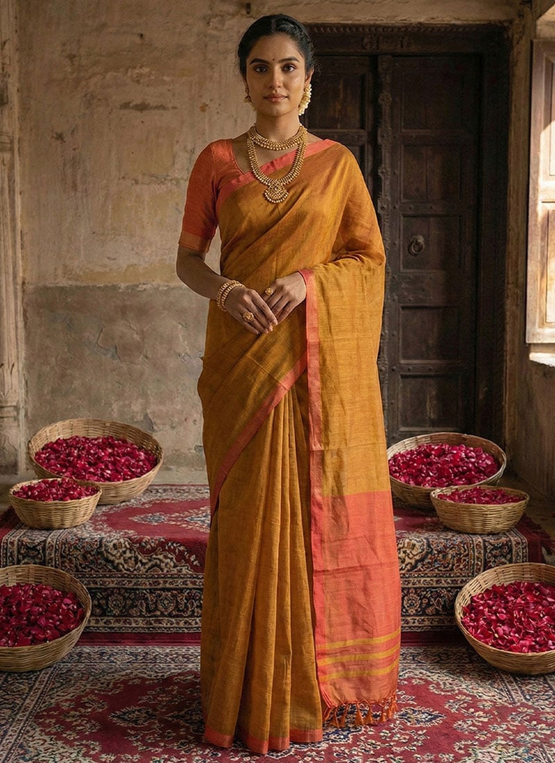 Graceful Brown Blended Cotton Woven Saree Festive Wear