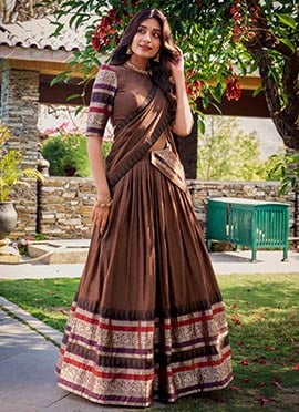 Graceful Brown Chanderi Zari A Line Lehenga
