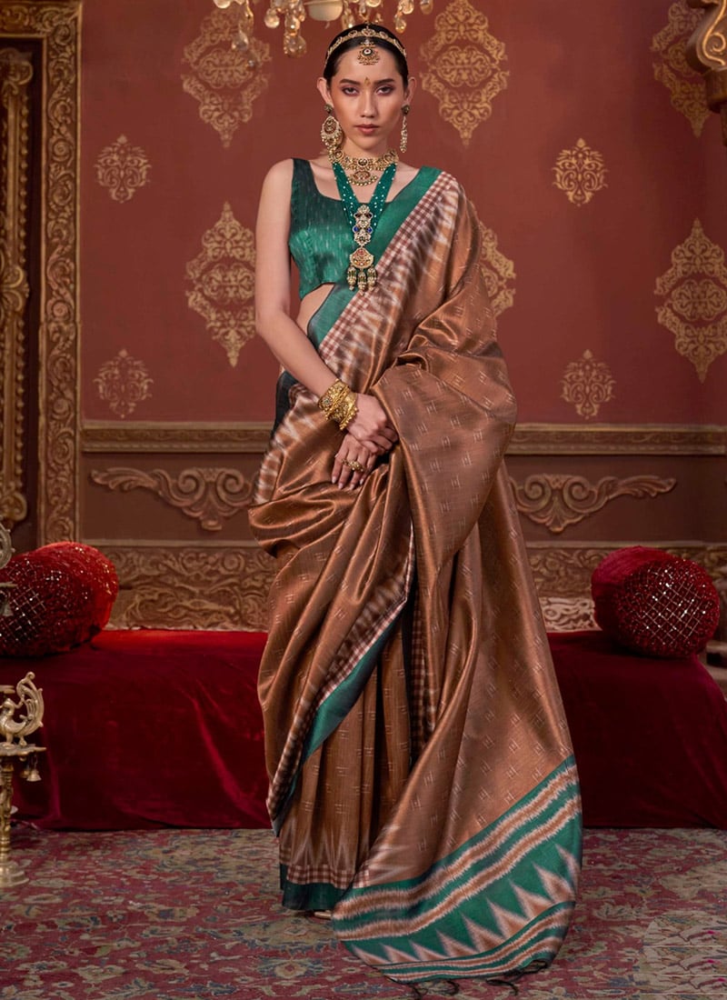 Graceful Brown Silk Ikkat Print Saree Festive Wear