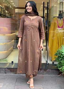 Graceful Brown Slub Cotton Thread Embroidered Straight Pant Suit
