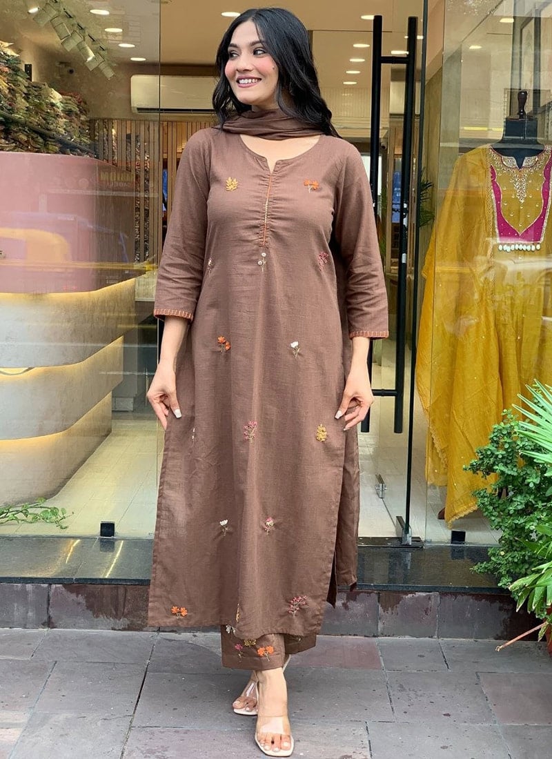 Graceful Brown Slub Cotton Thread Embroidered Straight Pant Suit After Six Wear