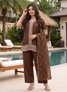 Graceful Brown Vichitra Silk Embroidered Straight Pant Suit