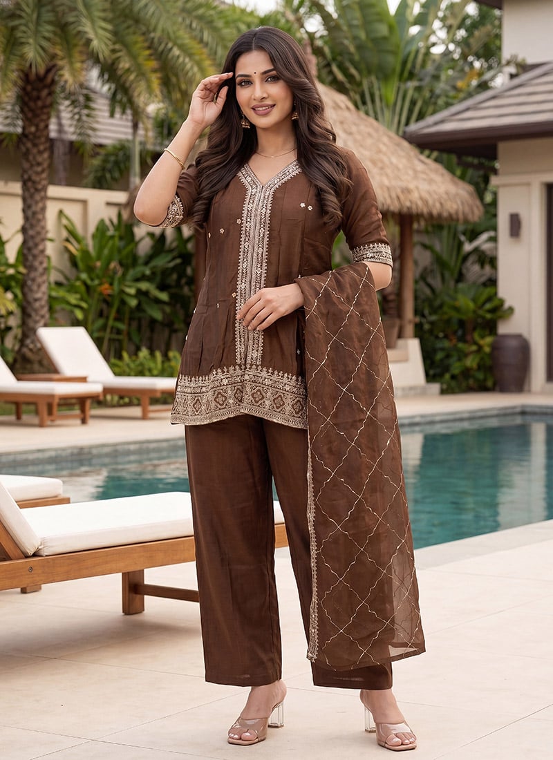 Graceful Brown Vichitra Silk Embroidered Straight Pant Suit After Six Wear